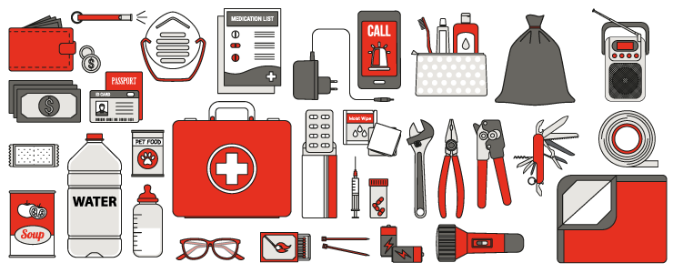 Illustration showing various items to include in an emergency kit, such as emergency radio, duct tape, plastic garbage bags, blanket, etc.