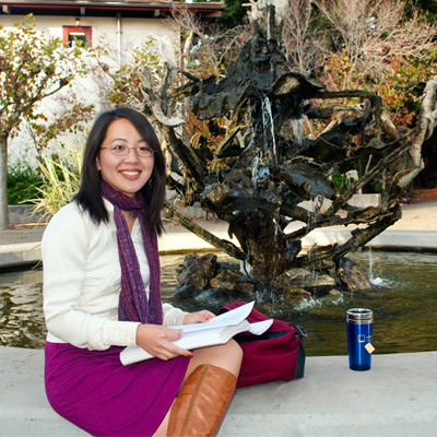 Student next to Cowell fountain