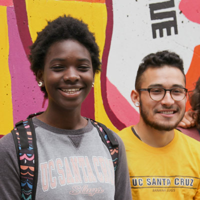 Two students in front of colorful mural.