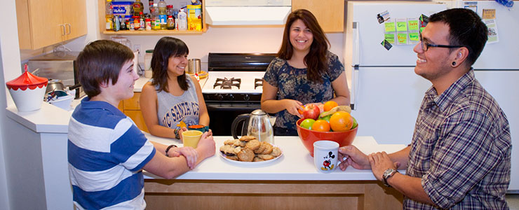 Students in an apartment kitchen enjoying a chat.